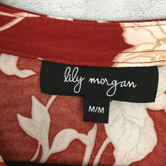 Lily Morgan Top Rust Floral Short Sleeve Sz Medium Satiny Flowy Fabric - Picture 6 of 10
